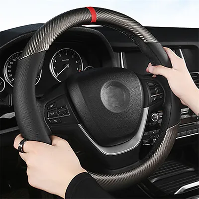 Black Leather Car Steering Wheel Cover Breathable Anti Slip Auto Protection 15  • $23.36