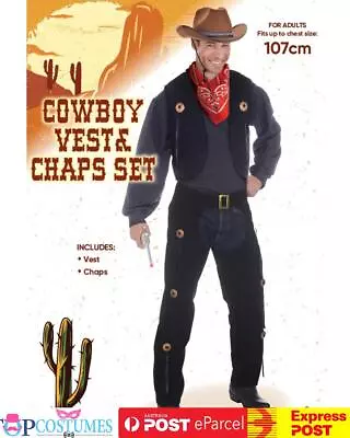 Mens Cowboy Vest Chaps Western Wild West Buffalo Bill Halloween Costume • $50