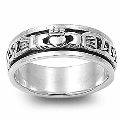 Men 6mm 925 Sterling Silver Band Oxidize Finish Celtic Claddagh Spinner Ring • $38.99
