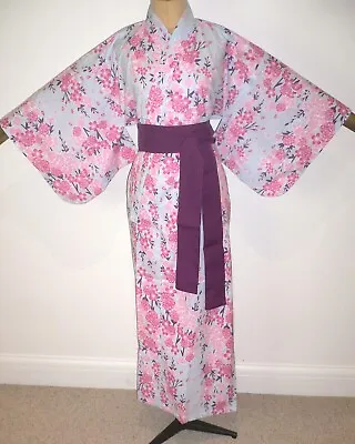 RRP £71+ NEW BLUE JAPANESE COTTON YUKATA STYLE KIMONO DRESSING GOWN ROBE Blossom • £42.99