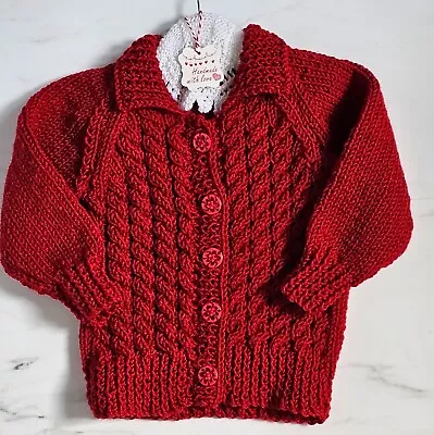 HAND KNITTED Toddler Red Chunky Wool Cardigan To Fit Age 18 -24 Months NEW • £14.99