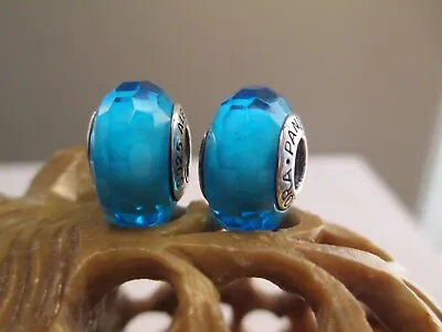 2 Authentic Pandora Fascinating Aqua Blue Murano Glass Bead Charms #791607 • $35.99