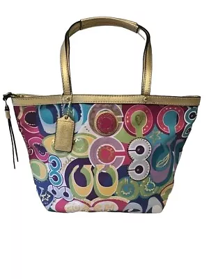 COACH F19434 Poppy C Signature Print Gold Trim Rainbow Graffiti Tote Purse EUC • $65