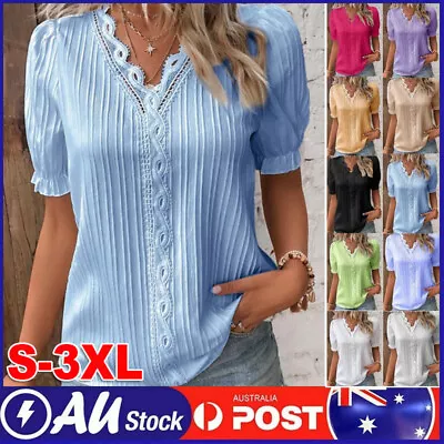 Womens V-neck T-Shirt Blouse Summer Ladies Short Sleeve Tops Pullover Loose AU • $20.99