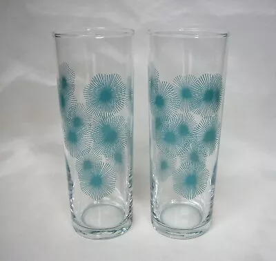 Lot Of (2) MCM Barware Glasses Atomic Starburst In Turquoise Blue 6.5  Tall • $19.37