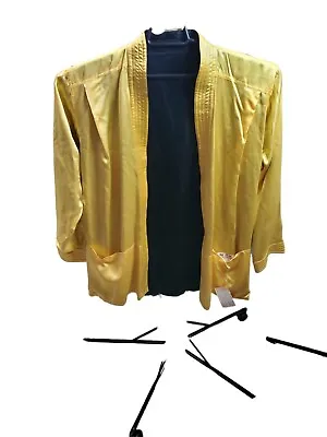 New 100 Silk Vintage Japanese Kimono Smoking Open Jacket Reversible Yellow Black • $77.99