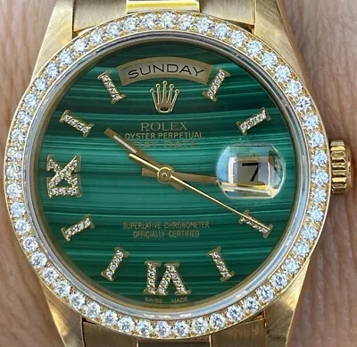 Rolex 36mm President 18238 18K Gold Malachite Diamond Dial Diamond Bezel Mint • $24990