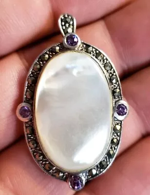 Sterling Silver MOP Amethyst Marcasite Pendant Brooch  • $39