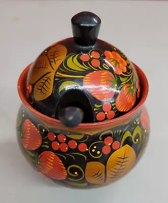 Vintage Russian Khokhloma Hand Painted Sugar Bowl W/lid Salt Shaker cup Spoon • $30