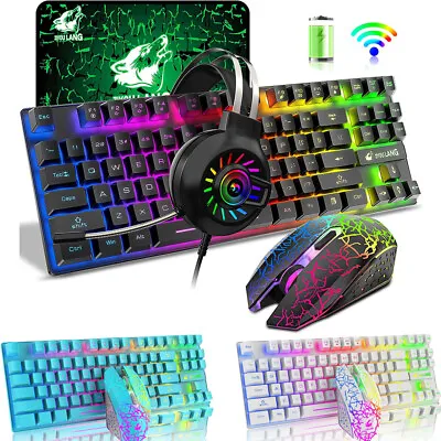 $79.10 • Buy Wireless Gaming Keyboard Mouse Mice Pad And Headset Set Rainbow Backlit Portable