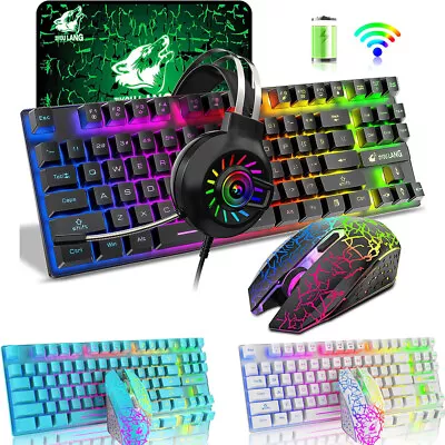 Wireless Gaming Keyboard Mouse Mice Pad And Headset Set Rainbow Backlit Portable • $79.10