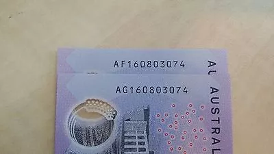 AUSTRALIA $5 2016 P62 Consecutive Prefix Same Serial AF AG - 2 UNC Banknotes • $19.90