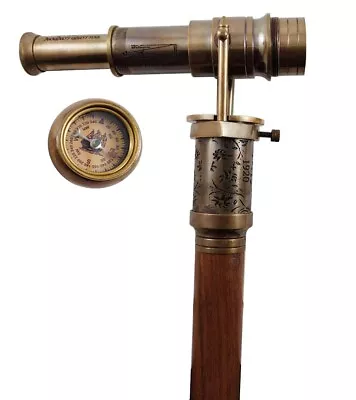 Vintage Brass Telescope Top Wood Walking Stick Cane Compass Antique Gift Parents • $33