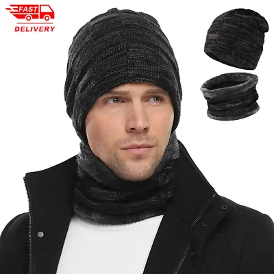 Men's Winter Beanie Hat And Scarf Set Warm Plush Lined Knitted Skull Cap UK • £2.99