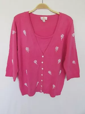 QUACKER FACTORY WOMANS M Pink White Beaded Floral Tank Button CARDIGAN SWEATER • $22