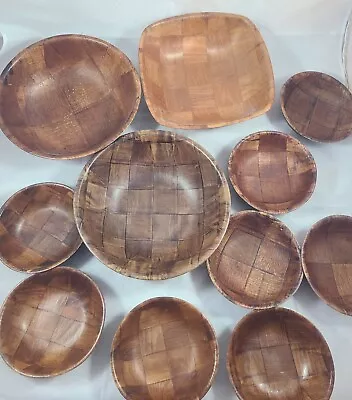 Vintage Woven Wood Salad Bowl Set Wooden Bamboo Rattan Weave 11 Piece Bowls • $39.99