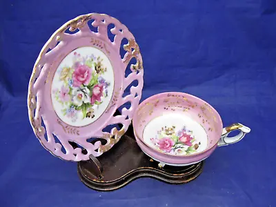 Antique 3 Footed Tea Cup & Reticulated Saucer - Floral And Gold Decoration • $29