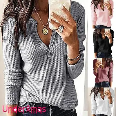 Womens V Neck Long Sleeve Tops Ladies Casual Loose Shirt Blouse Pullover Jumper • £12.09