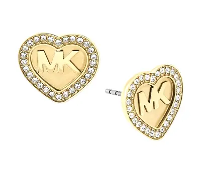 MICHAEL KORS Gold Tone Heart MK Logo Pave Stud Earrings MKJ6259710 MKJ6259 NIB • $45