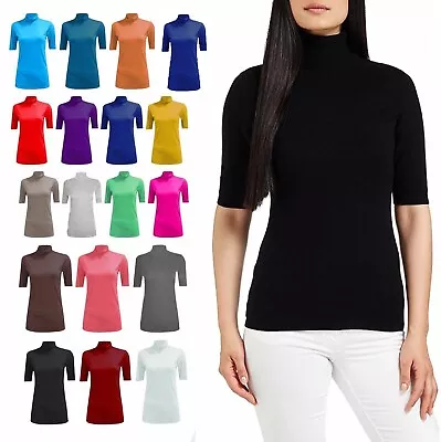 £5.20 • Buy New Womens  SHORT SLEEVE Polo Roll Trutle Neck Plain Stretch Jumper Top (8 -26)