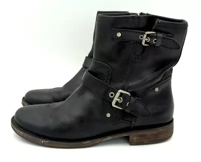 UGG Fabrizia Black Leather Harness Zipper Ankle Boots 1001661 Women's Size 8 • $49.99