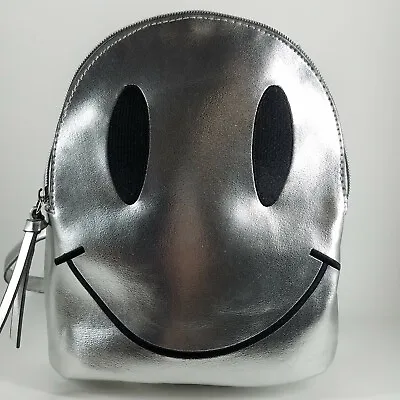 Tshirt And Jeans Silver Smiley Face Backpack Purse Great Condition W/ Lucky Fuzz • $40