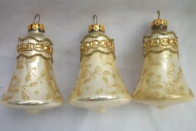 Glass Bell Shape Christmas Ornaments Lot 3 Vintage Gold Glitter & Trim • $15.99