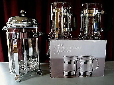 Stunning Pro Cook - Cafetiere And Two Coffee Mugs - Glass & Stainless Steel • £40