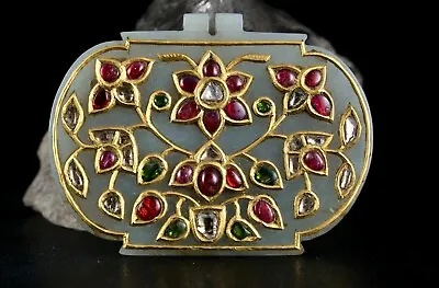 Old Mughal Nephrite Jade Natural Ruby Diamond Emerald 22k Gold Antique Pendant • $3375