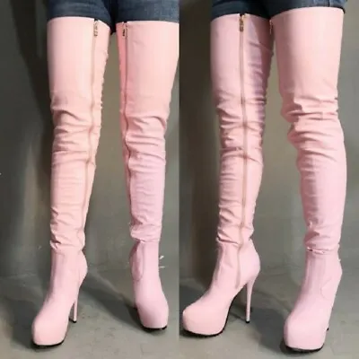 Women High Heels Over Knee Boots Platform Side Zip Casual Stage Show Shoes Pink • $114.98