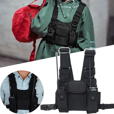 3 Pockets Radio Walkie Talkie Chest Harness Nylon Bag Pack Backpack Holsters Kit • £12.87