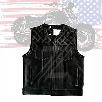 Diamond Quilted Cowhide Leather Motorbike Vest Men's Biker American Flag Vest • $162