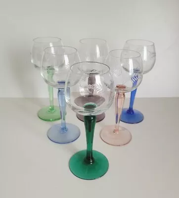 Set Of 6 Etched Tall Coloured Stem Hock Wine Glasses X 6 / USED • £29.95