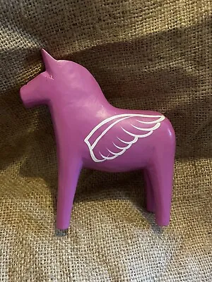 Grannas Pink  Wooden Wings Carved Dala Horse Wood Ornament Handmade Swedish Folk • £28.99