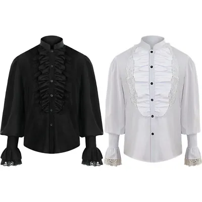 Men's Long Puff Sleeve Vampire Shirt Ruffled Pleated Blouse Tops Victorian Dance • £27.86