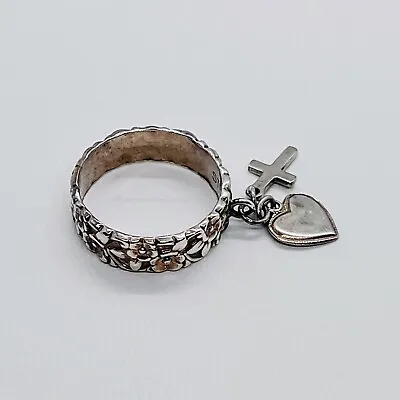 VTG Art Deco Sterling Silver Floral Forget Me Not Ring Band Heart Cross Uncas 8 • $150