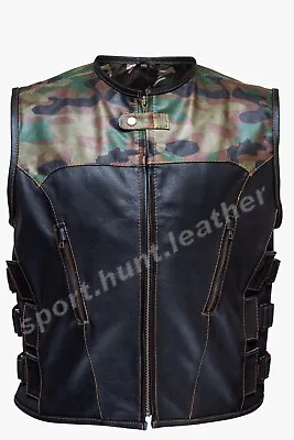 Camo And Leather Club Biker Vest Green Camo Sleeveless Victory Lane Jacket Black • $119.99