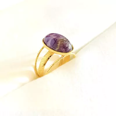 Amethyst Ring 24K Gold Plated Crystal Purple 3 Bands Oval Gemstones Adjustable • £40.50