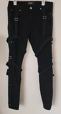 Serenede Black Strap Skinny Jeans 36 Stretch Denim Goth Punk Designer FREE SHIP • $44.99