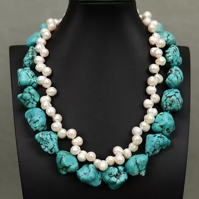 2 Rows Natural White Keshi Rice Pearl Big Fancy Blue Turquoise Rough Necklace • $26.99