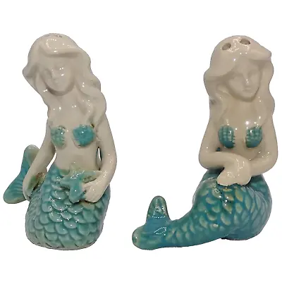 Mermaid Salt And Pepper Shakers Set Teal And Ivory Sitting One Holding Starfish • $14.95