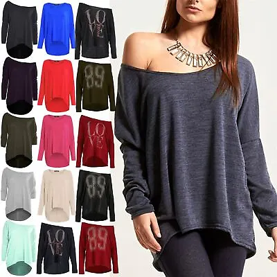 Womens Ladies One Off Shoulder Bardot Knit Lagenlook Layering Baggy Jumper Top • £8.49