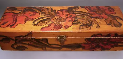 Antique Carved Pyrography Wooden Glove Box Flowers • $24