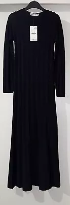 Zara Black Long Sleeves Round Neck Pleated Maxi Knit Dress Size L Bnwt • £34.99