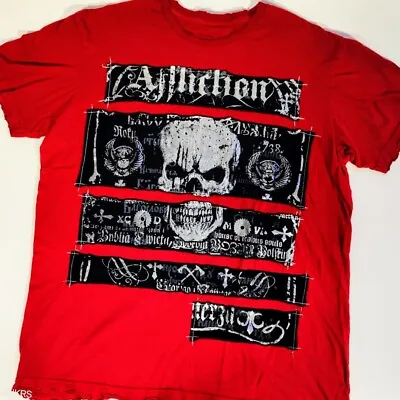 Affliction T Shirt Men's XL Red Black Gray Silver Foil Sewn Patches Skull USA • $75
