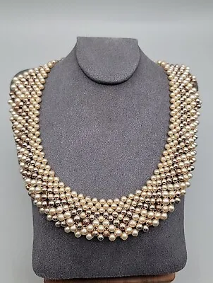 Vintage Crochet Faux Pearl & Silver Bead Bib Collar Necklace 17  • $21