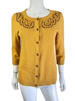$16 • Buy CHRISTOPHER & BANKS Cardigan Sweater Button Front Yellow Beaded Cotton Small S