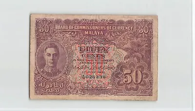 MALAYA 50 Cents 1941 P-10a First Text A/12 026336. Original Circulated. A6 • $32.50