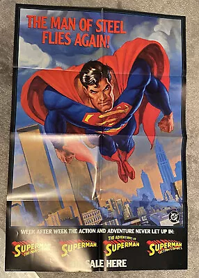 1991 COMIC Promo Poster SUPERMAN THE MAN OF STEEL FLIES AGAIN 40x26 DC ~ NOS! • $20