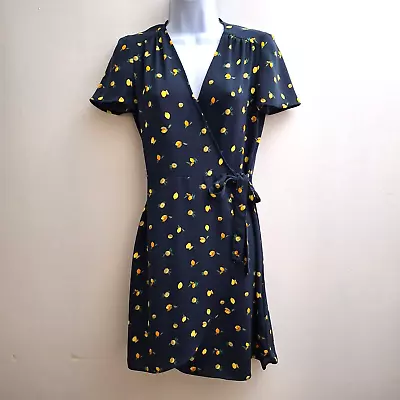 J Crew Drapey Lemon Print Wrap Dress Size 0 Yellow Blue Short Sleeves AO412 • $19.99